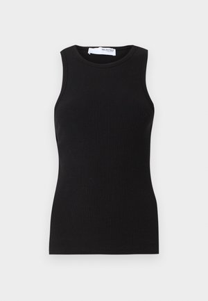 Schwarzes geripptes ärmelloses Tanktop mit rundem Ausschnitt. Hergestellt aus einem dehnbaren Stoff, hat es eine figurschmeichelnde Passform und eine glatte Textur.