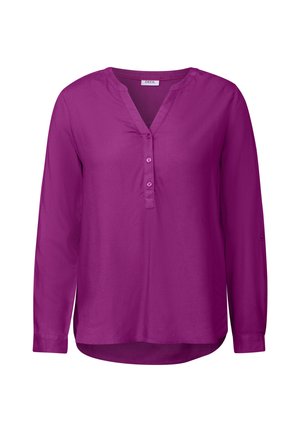 V-hals lange mouwen shirt in levendig paars. Kenmerkt een knoopsluiting met vier knopen en oprolbare mouwen met een knooptab. Gladde stoftextuur.