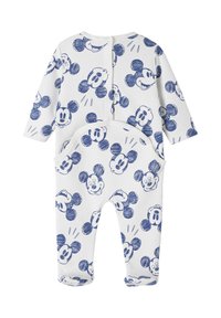 Cotton onesie featuring a white background with blue Mickey Mouse faces and accents, snap closure at the back, and a round pocket detail.