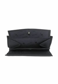 Portefeuille noir ouvert montrant un intérieur doublé avec des emplacements pour cartes et un compartiment à pièces sécurisé par une fermeture à bouton-pression.