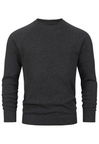 Suéter de punto gris oscuro con cuello redondo, mangas raglán y puños y dobladillo acanalados. Tejido texturizado sin patrones ni acentos visibles.
