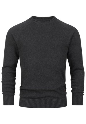 Suéter de punto gris oscuro con cuello redondo, mangas raglán y puños y dobladillo acanalados. Tejido texturizado sin patrones ni acentos visibles.