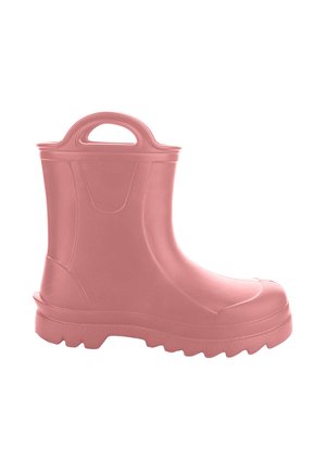 Różowa gumowa boot z teksturowaną powierzchnią, okrągłym noskiem i szeroką podeszwą. Posiada uchwyt na górze dla łatwiejszego zakładania.
