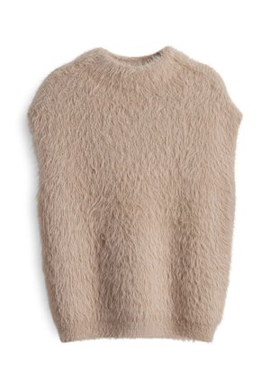 Maglione senza maniche beige lavorato a maglia con una texture morbida e un collo rotondo. Presenta una vestibilità ampia e un tessuto soffice e peloso.