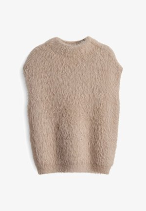 Pull en tricot beige sans manches avec une texture duveteuse et un col rond. Présente une coupe ample et un tissu doux et moelleux.