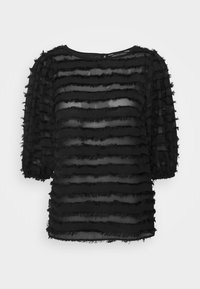 Svart genomskinlig topp med horisontella fransar. Har halvärmar och rund halsringning. Den texturerade tyget ger dimension och intresse.