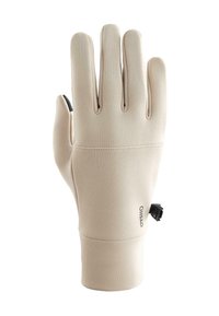 Beżowa rękawiczka o dopasowanym kroju, wykonana z gładkiego, elastycznego materiału; posiada przeszywane palce oraz czarny regulowany pasek na nadgarstku.