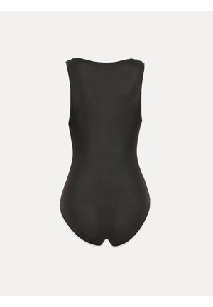 Czarny jednoczęściowy strój kąpielowy bez rękawów z wysokim wycięciem nogawek. Gładka tekstura, minimalne szwy i zaokrąglony detal pleców.