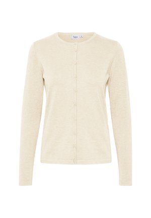 Cardigan bej realizat dintr-un material tricotat moale, cu mâneci lungi, un guler rotund și o închidere frontală cu nasturi asortați.