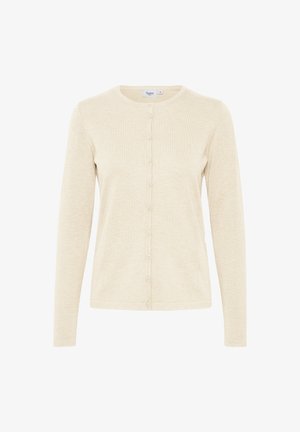 Cardigan beige realizzato in morbido tessuto lavorato a maglia, con maniche lunghe, scollatura rotonda e chiusura frontale con bottoni abbinati.