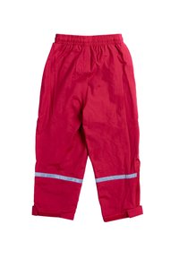 Rote wasserdichte Hosen mit elastischem Bund, seitlichen Reißverschlüssen und reflektierenden silbernen Akzenten an den Beinen. Glattes, leichtes Material.