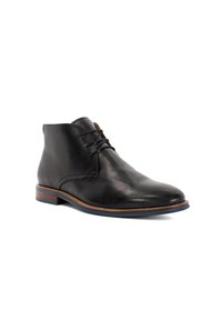 Black leather ankle boots featuring a smooth finish, rounded toe, and lace-up design. Brown contrast stitching and a blue rubber sole.