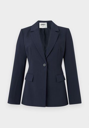 Marineblå ensfarget blazer med enkelt knapphull, med spisse lapeller, lange ermer og to frontlommer med klaff, tilpasset passform.