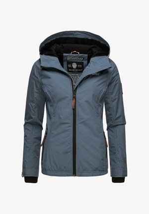 Modra lahka jakna s kapuco, sprednjim zadrgo, elastičnimi manšetami in stranskimi žepi. Ima mehko notranjo oblogo in vzorčen notranji del.