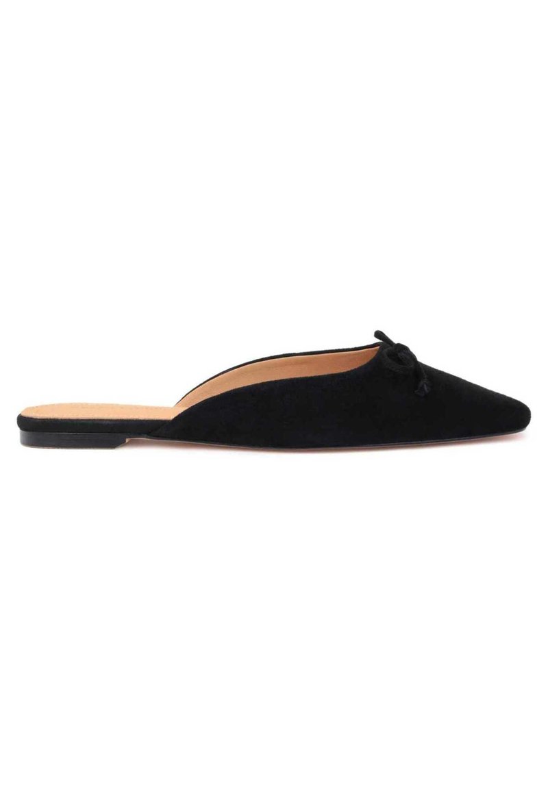 Black suede slip-on shoe with a pointed toe and a small decorative bow on the vamp, featuring a flat sole and an open back.