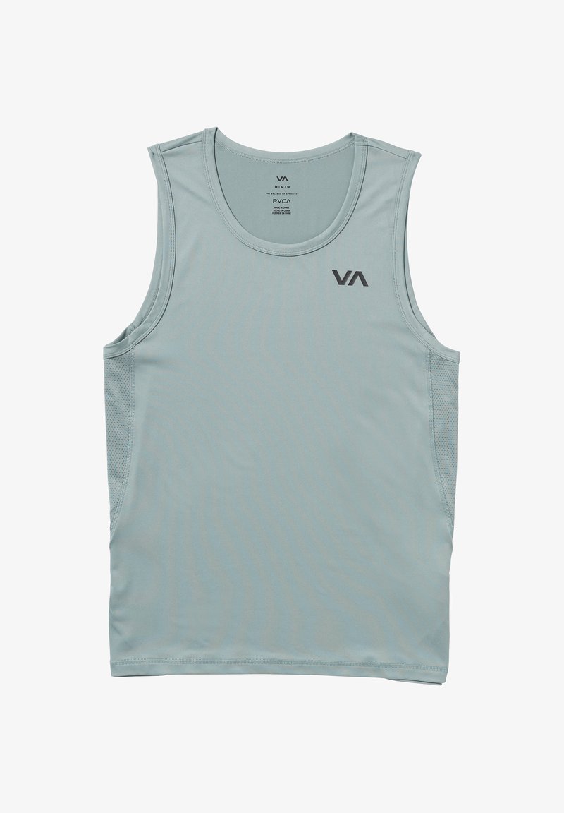 Débardeur de sport sans manches bleu clair avec logo VA sur le devant et panneaux en mesh sur les côtés, posé à plat sur fond blanc.