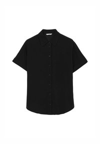 Camicia nera a maniche corte con colletto strutturato, tessuto liscio, vestibilità ampia e orlo arrotondato, dotata di sei bottoni frontali.
