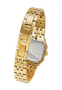 Montre-bracelet en métal doré avec un cadran rectangulaire, design de bracelet à maillons et un dos réfléchissant. Dispose d'une couronne sur le côté pour les réglages.