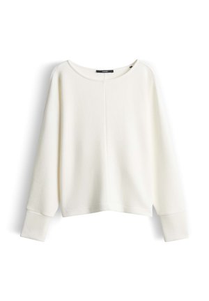 Maglione bianco a maniche lunghe con tessuto a coste, scollo rotondo e maniche con polsini, mostrato su uno sfondo bianco.