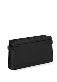 Portafoglio in materiale sintetico nero con superficie testurizzata, forma rettangolare, chiusura con zip e doppie scomparti per carte e contante.