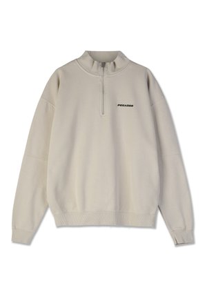 Beige pullover sweatshirt med lynlås i kvart, lange ærmer, ribbede manchetter og broderet "PEGADOR" logo i sort på brystet.