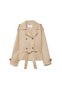 Beige trenčkot s dvojitými knoflíky, širokými klopami a zavázaným pasem. Má knoflíkové manžety a ramenní epauletky. Hladká textilie.