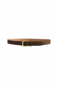 Ceinture en suède marron avec boucle rectangulaire en ton doré et sangle ajustable avec plusieurs trous pour le réglage.