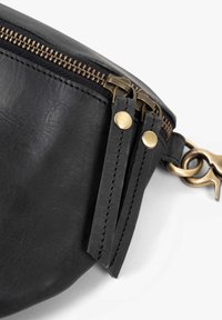 Nahaufnahme einer schwarzen Ledertasche mit doppelten Messing-Reißverschlussanhängern und einem Messingverschlusshaken auf einem weißen Hintergrund.