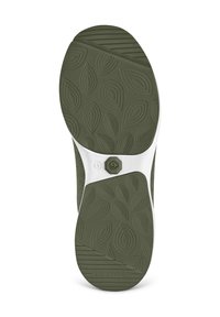 Semelle en caoutchouc verte avec un motif de feuille texturé, semelle intermédiaire blanche et détail de logo hexagonal. Taille 41 indiquée sur la face inférieure.