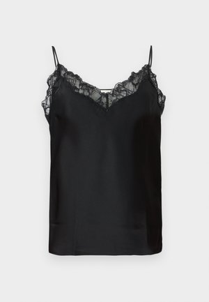 Camisole noire avec des bretelles ajustables fines, bordée de dentelle le long de l'encolure et d'une texture satinée lisse. Design simple et élégant.
