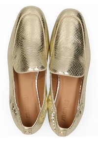 Metallic gold loafers with a textured snake-skin pattern, synthetic material, almond-shaped toe, and soft inner lining.