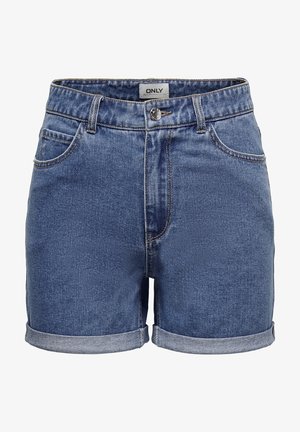 Shorts in denim blu chiaro con vita alta, dettagli con orli arrotolati, design a cinque tasche e chiusura con bottone metallico anteriore.