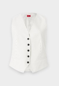 Άσπρο αμάνικο γιλέκο με λεπτές κατακόρυφες μαύρες ρίγες, πέντε μαύρα κουμπιά μπροστά και δύο μικρές γωνιακές μπροστινές τσέπες.