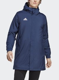 Marošově modrá prošívaná bunda s kapucí, která má elastické manžety a přední zip. Bílé logo Adidas na levé části hrudi.