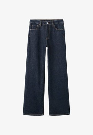 Jean bleu marine à jambes larges avec bouton et fermeture éclair à l'avant, cinq poches, et coutures orange visibles.