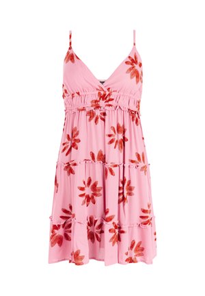 Roze mouwloze jurk met rode bloemmotieven, V-hals, gerimpelde taille en gelaagde volantzoom.