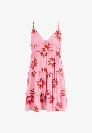 Roze mouwloze jurk met rode bloemmotieven, V-hals, gerimpelde taille en gelaagde volantzoom.