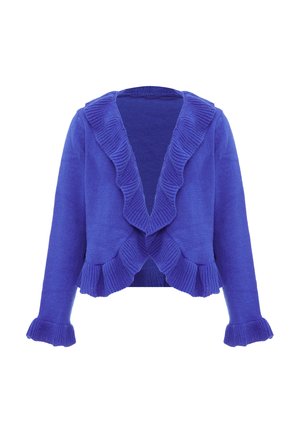 Cardigan tricotat violet cu margini ondulate, front deschis, mâneci lungi și finisaj texturat. Prezintă manșete și guler ribbate.