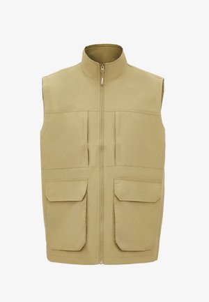 Gilet beige senza maniche con collo alto, zip frontale e quattro grandi tasche; realizzato in tessuto morbido e leggero per un facile utilizzo.