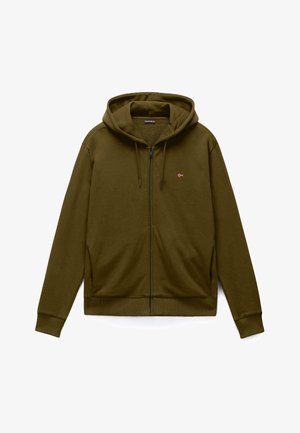 Olive green zip-up hoodie with drawstring hood, ribbed cuffs and hem, side pockets, and small Norwegian flag logo on the chest.