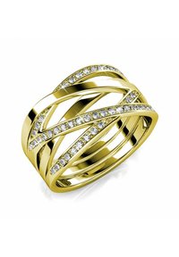 Gouden ring met een golvend ontwerp, versierd met diamantachtige accenten langs twee banden, gepolijste afwerking en gestructureerd oppervlak.