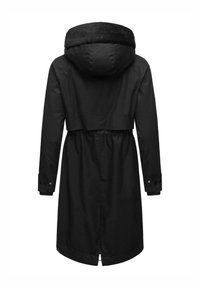 Abrigo negro con capucha forrada de pelo, mangas largas, cintura ajustada y puños abotonados, que presenta un diseño de espalda dividida para mayor comodidad.