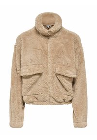 Veste courte en fausse fourrure beige avec un col montant, une fermeture éclair frontale et deux grandes poches plaquées. Texture douce avec poignets et ourlet élastiqués.