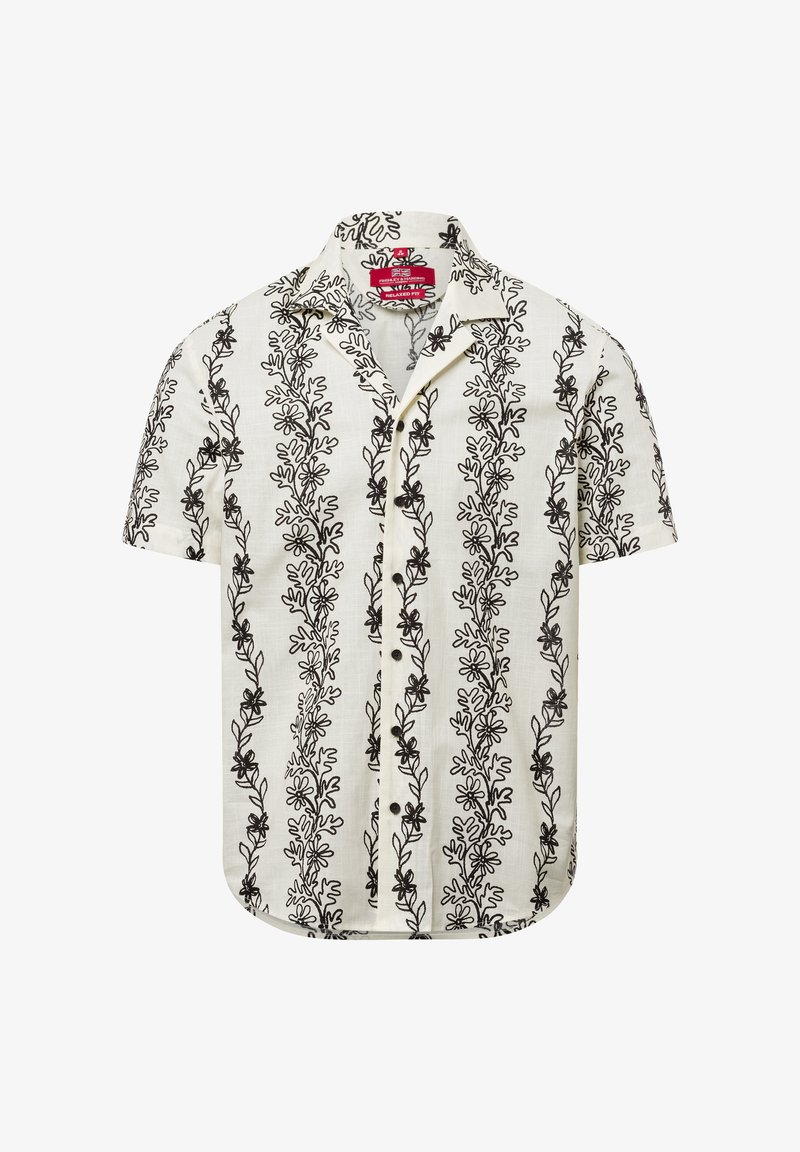 Kurzarmhemd aus cremefarbener Stoff mit schwarzen Blumenmustern, gestaltet mit einem spitzen Kragen und einer Knopfleiste mit kontrastierenden Knöpfen.