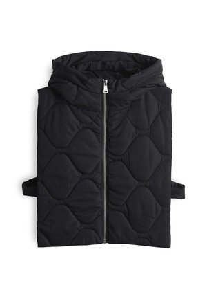 Gevoerd zwart capuchonvest met een rits aan de voorkant, voorzien van ronde patronen en zijbanden voor extra ondersteuning. Zachte, matte textuur.