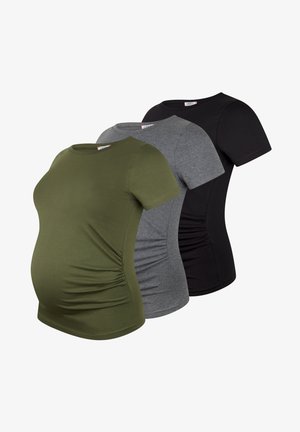 Three maternity T-shirts in olive green, grey, and black. Soft fabric, short sleeves, round neck, and side ruching for fit adjustment.