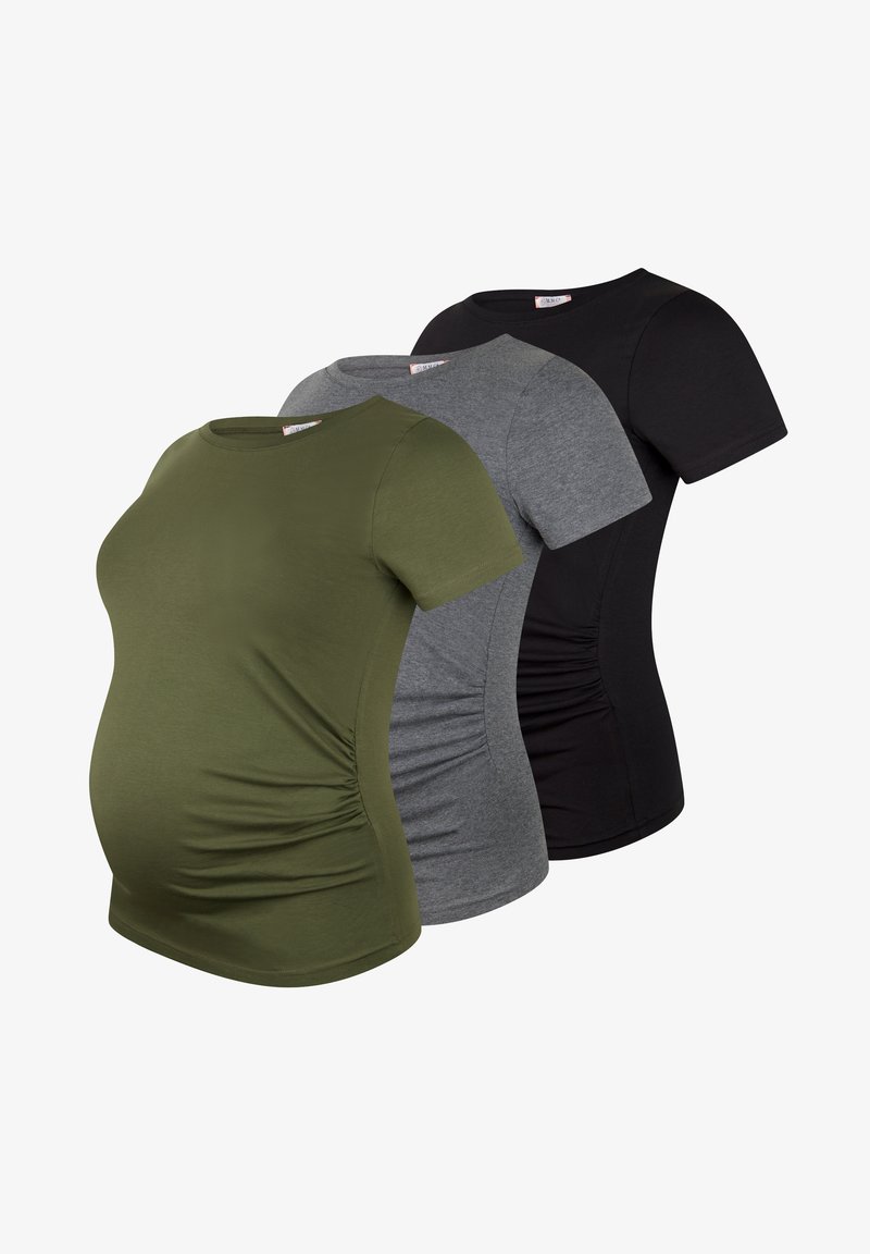 Drie zwangerschap T-shirts in olijfgroen, grijs en zwart. Zachte stof, korte mouwen, ronde hals en zijkanten met ruches voor aanpassing van de pasvorm.