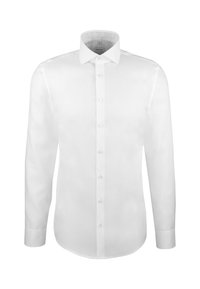 Camicia bianca a maniche lunghe con polsini abbottonati e colletto classico, presentata su uno sfondo bianco semplice.