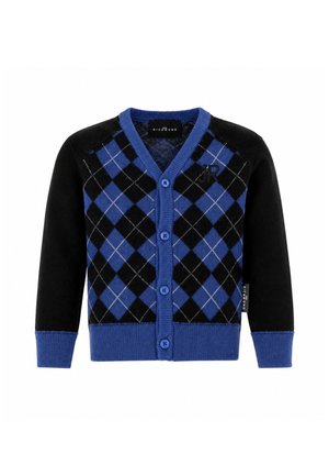 Cardigan con bottoni a motivo argyle blu e nero con maniche nere tinta unita e polsini e orlo a coste.