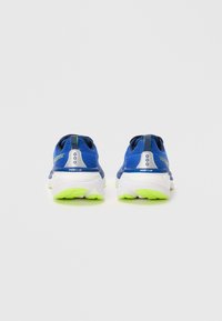 Scarpe da corsa con tomaia in rete blu, suola bianca e accenti verde neon. Presentano un colletto imbottito e una suola in gomma testurizzata.